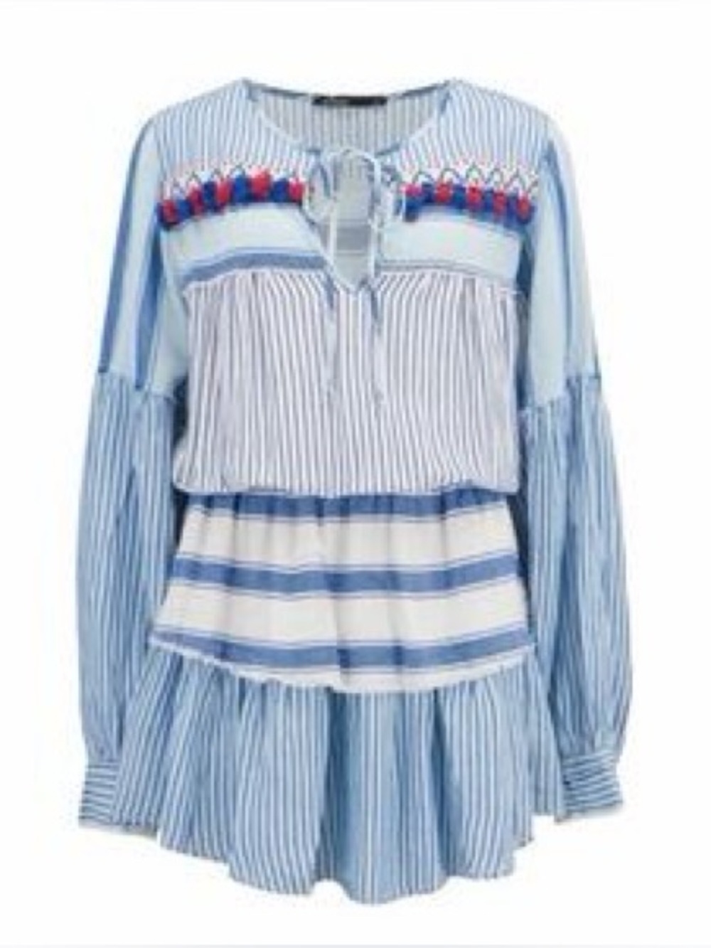 DEVOTION Striped Blue White Boho Mini Dress Pompom Embroidered S